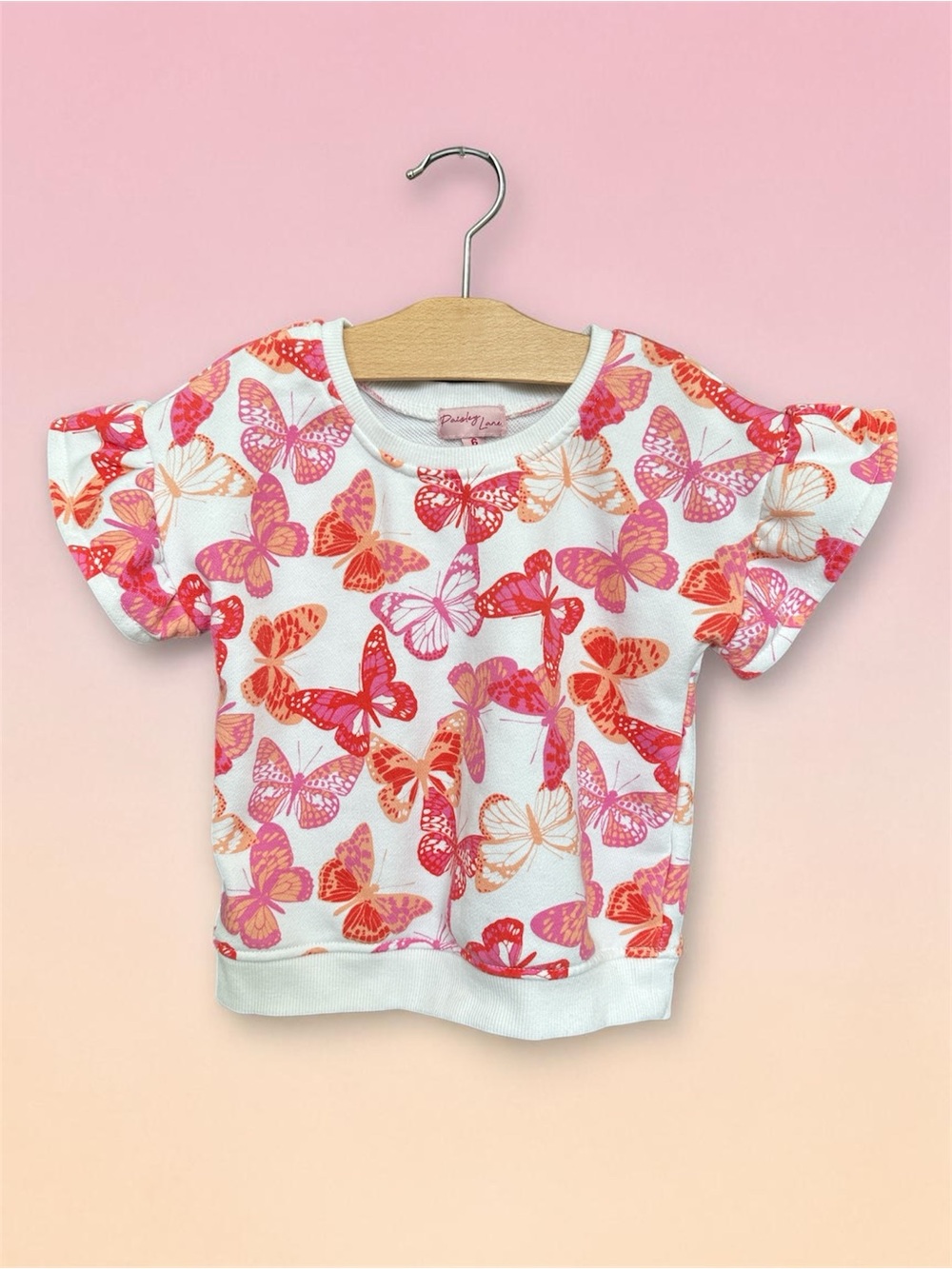 Girls White Short Flutter Sleeve Top with Pink & Red Butterfly Print
